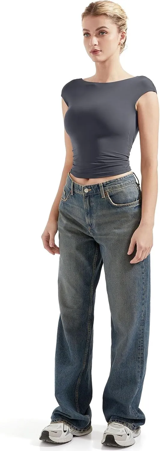 SUUKSESS Women Backless Sexy Going Out Tops Double Lined Open Back Y2k Basic Tee Shirts