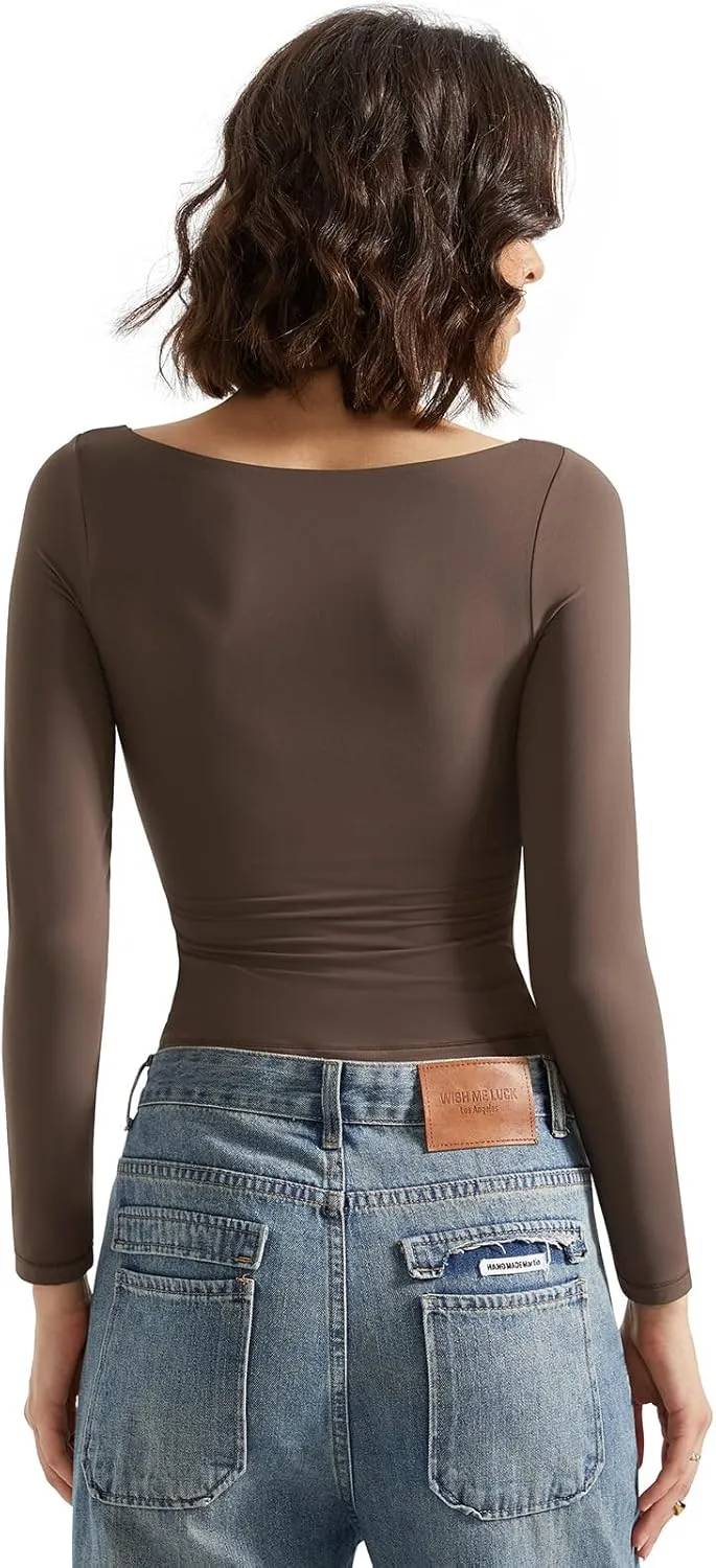 SUUKSESS Women Crew Neck Long Sleeve T Shirts Double Lined Tight Fitted Crop Top