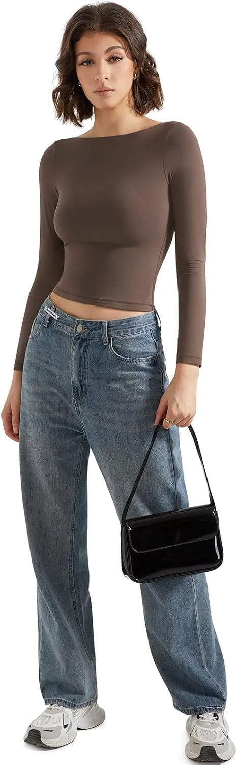 SUUKSESS Women Crew Neck Long Sleeve T Shirts Double Lined Tight Fitted Crop Top