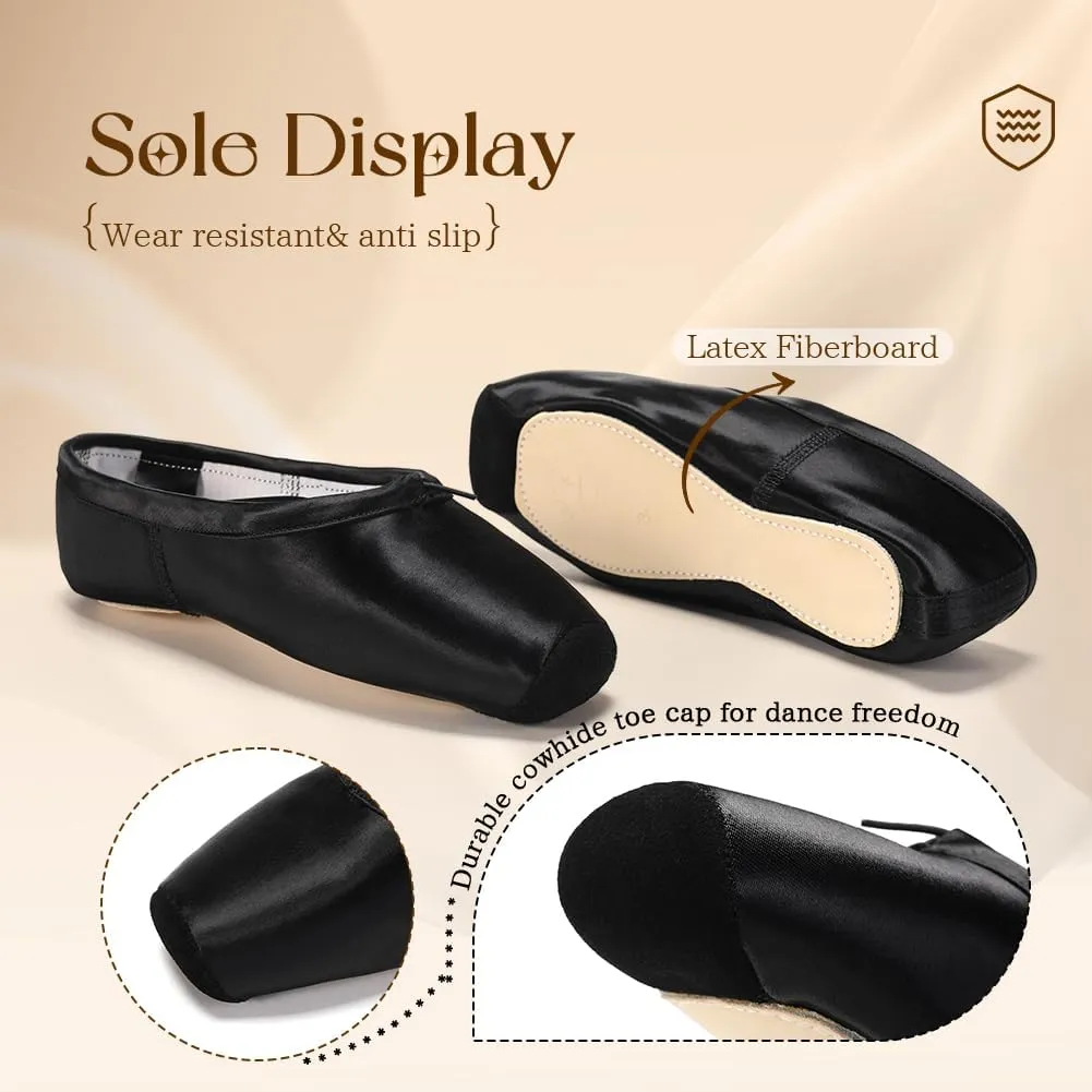SWDZM Professional Ballet Pointe Shoes Satin for Women Leather Sole Ballet Pointe Dance Shoes with Toe Pads