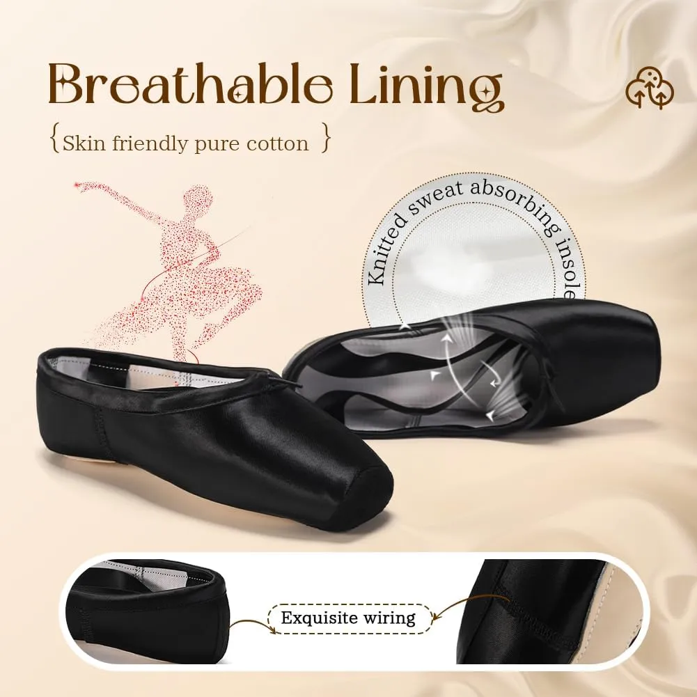 SWDZM Professional Ballet Pointe Shoes Satin for Women Leather Sole Ballet Pointe Dance Shoes with Toe Pads