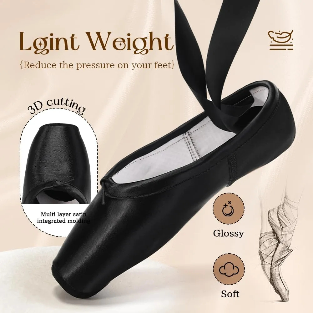 SWDZM Professional Ballet Pointe Shoes Satin for Women Leather Sole Ballet Pointe Dance Shoes with Toe Pads
