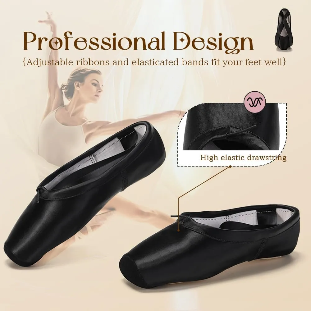 SWDZM Professional Ballet Pointe Shoes Satin for Women Leather Sole Ballet Pointe Dance Shoes with Toe Pads
