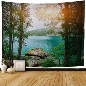 Tapestry Wall Hanging Mountain Alpine Boat Lake Harbor Season Valley Between Famous by Hill Sunset Mountains Calm Nature Bedspread Picnic Sheet Wall Decor 60x60 Inch