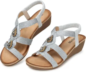 TEMOFON Womens Wedge Dressy Sandals: Elastic Ankle Strap Sandals - Summer Beach Open Toe - Comfortable Walking Sandals Size 5-11