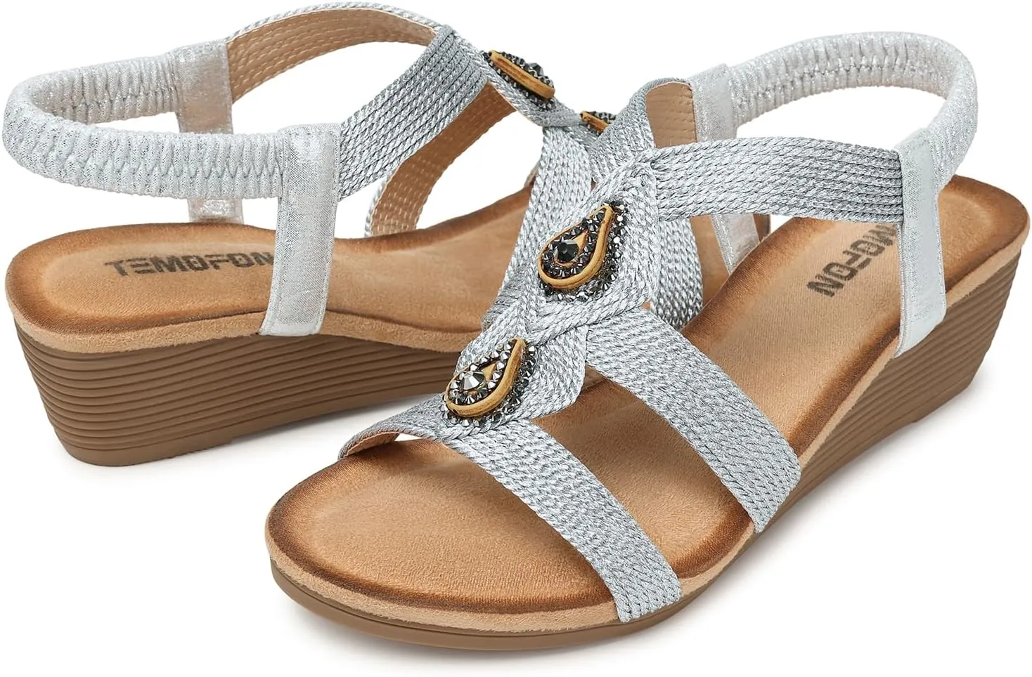 TEMOFON Womens Wedge Dressy Sandals: Elastic Ankle Strap Sandals - Summer Beach Open Toe - Comfortable Walking Sandals Size 5-11