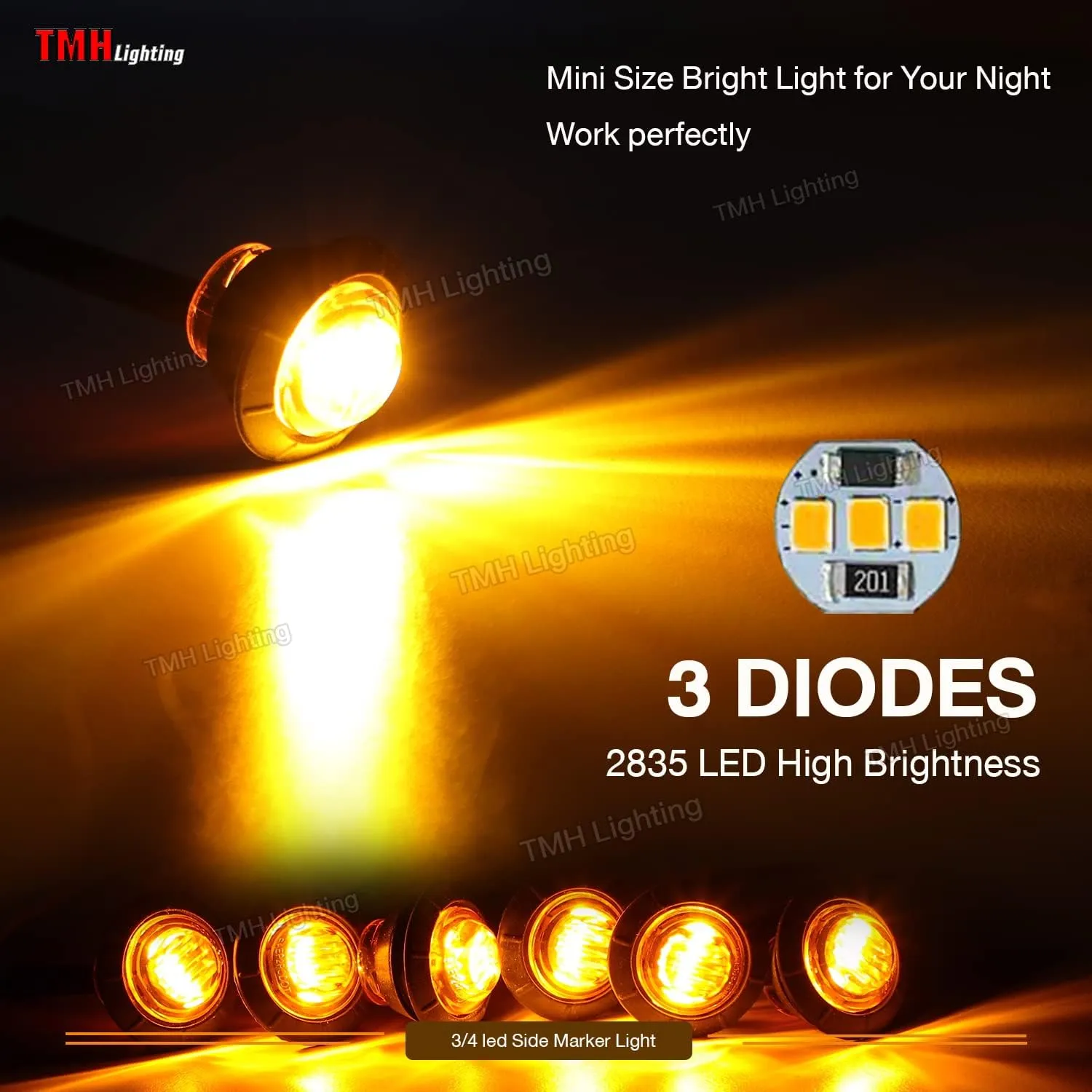 TMH 50 pcs 3/4 Inch Mount Amber 3 LED Mini Round Trailer Side Marker Indicator Lights Clearance Button Signal Lamps Universal for Trucks Lorry Boat Pickup Bus Caravan RV Waterproof Sealed Bulbs 12V DC