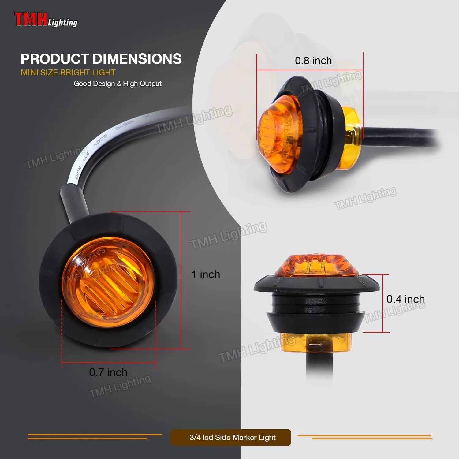 TMH 50 pcs 3/4 Inch Mount Amber 3 LED Mini Round Trailer Side Marker Indicator Lights Clearance Button Signal Lamps Universal for Trucks Lorry Boat Pickup Bus Caravan RV Waterproof Sealed Bulbs 12V DC