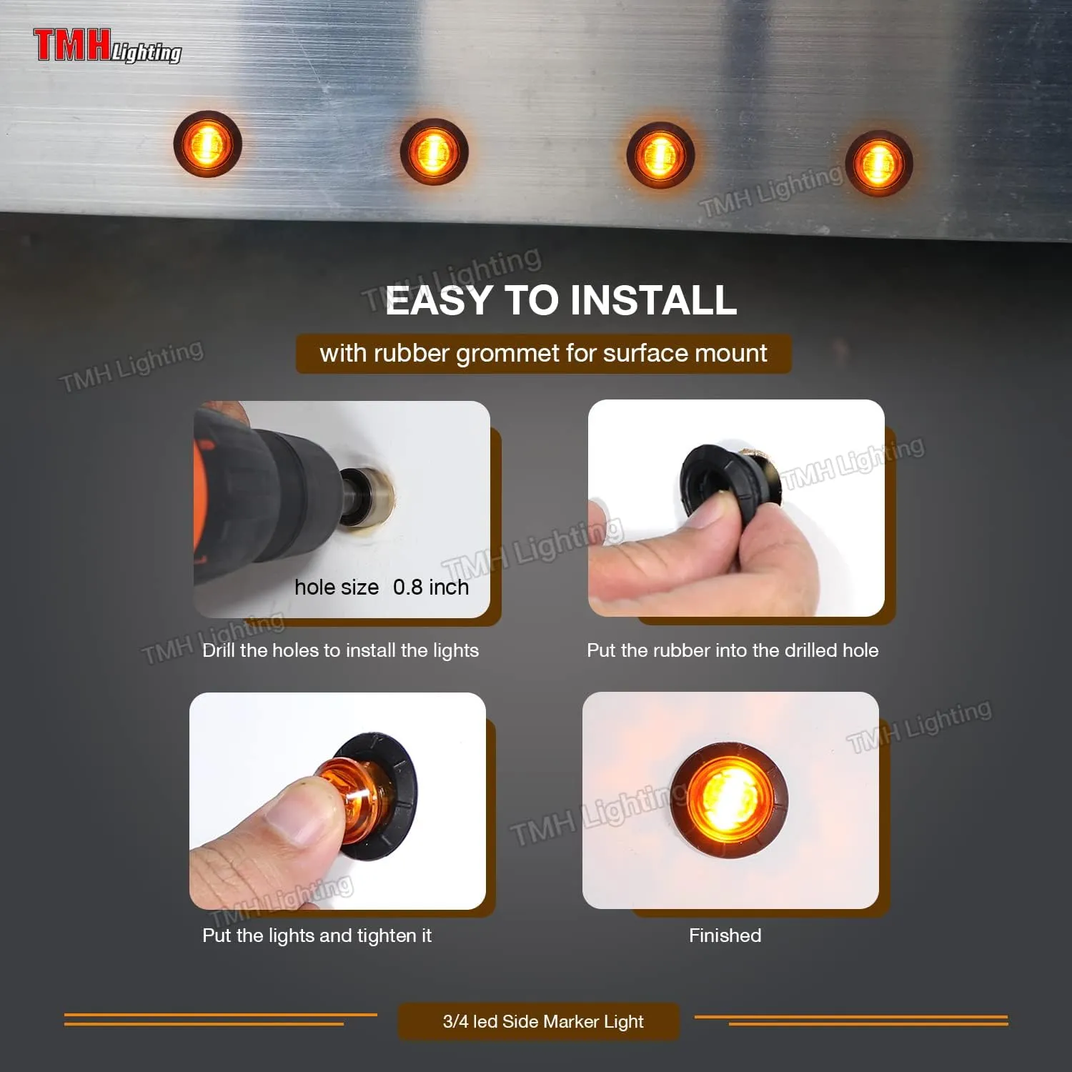 TMH 50 pcs 3/4 Inch Mount Amber 3 LED Mini Round Trailer Side Marker Indicator Lights Clearance Button Signal Lamps Universal for Trucks Lorry Boat Pickup Bus Caravan RV Waterproof Sealed Bulbs 12V DC