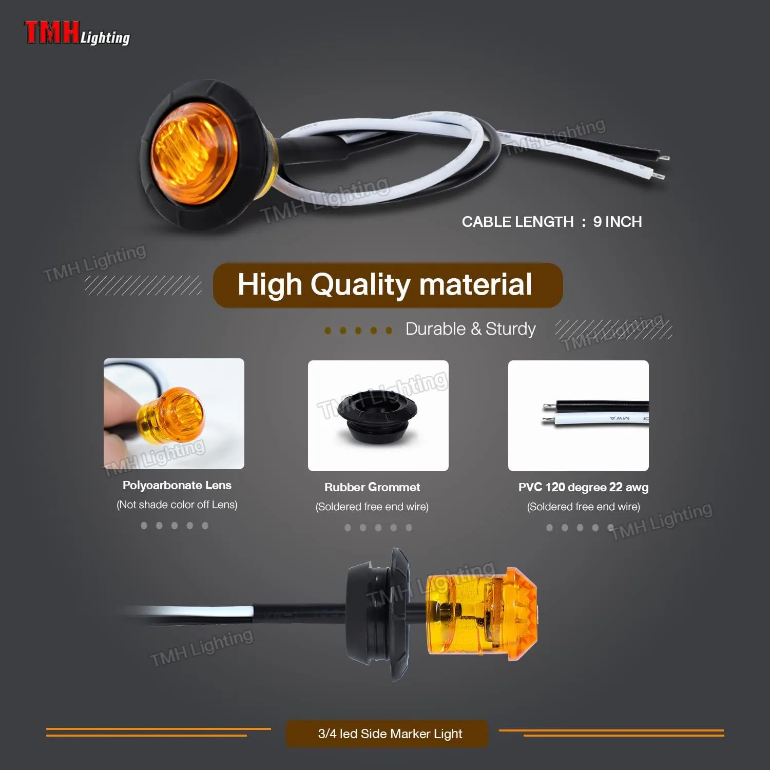 TMH 50 pcs 3/4 Inch Mount Amber 3 LED Mini Round Trailer Side Marker Indicator Lights Clearance Button Signal Lamps Universal for Trucks Lorry Boat Pickup Bus Caravan RV Waterproof Sealed Bulbs 12V DC