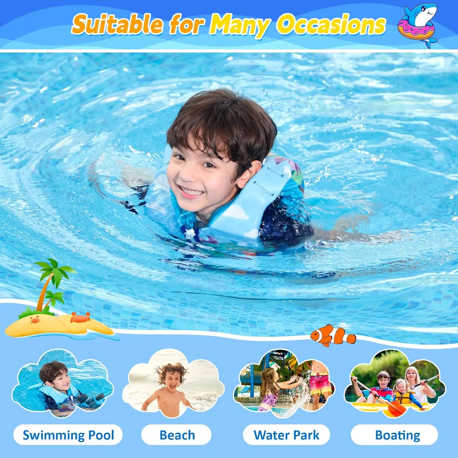Toddler Swim Vest, Toddler Life Jacket 20-80 lbs Boys & Girls, Kids Floaties Swimming Jackets for 2 3 4 5 6 7 Years with Detchable Head Support &Grab Handle