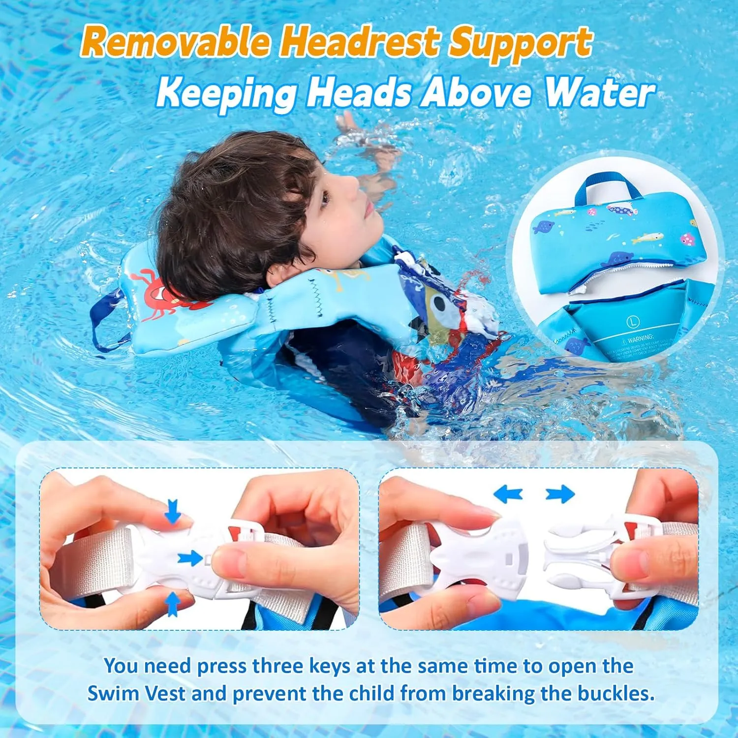 Toddler Swim Vest, Toddler Life Jacket 20-80 lbs Boys & Girls, Kids Floaties Swimming Jackets for 2 3 4 5 6 7 Years with Detchable Head Support &Grab Handle