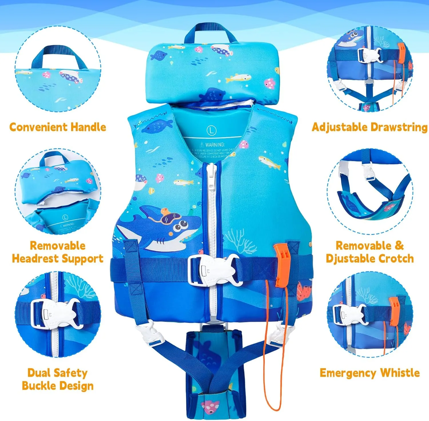 Toddler Swim Vest, Toddler Life Jacket 20-80 lbs Boys & Girls, Kids Floaties Swimming Jackets for 2 3 4 5 6 7 Years with Detchable Head Support &Grab Handle