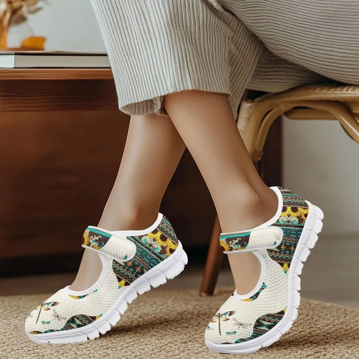 UNICEU Southwestern Style Women's Mary Jane Flat Shoes Party Footwear Mesh Non Slip Breathable Athletic Shoes Casual Dress Shoes Ballet Flats