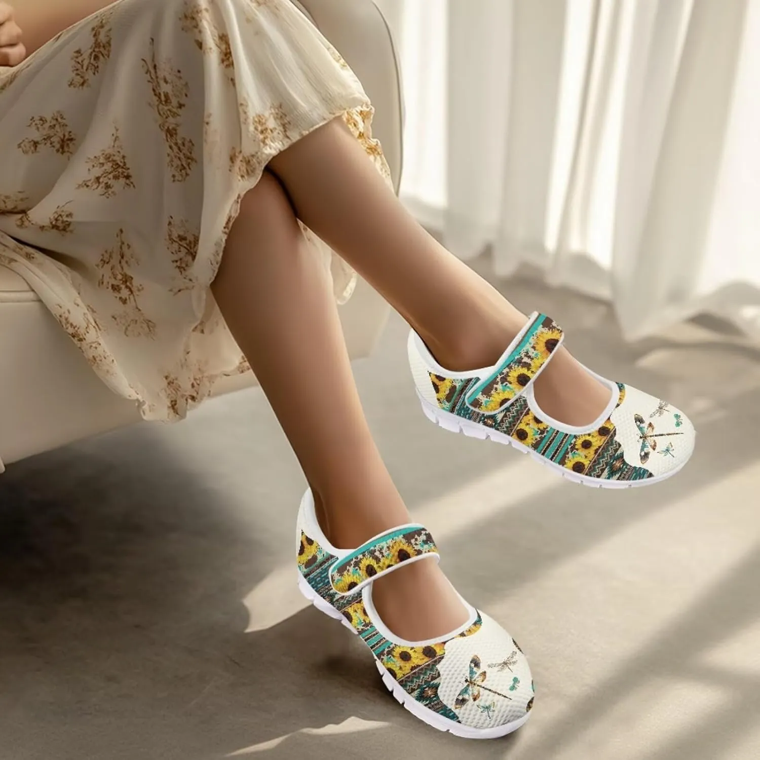 UNICEU Southwestern Style Women's Mary Jane Flat Shoes Party Footwear Mesh Non Slip Breathable Athletic Shoes Casual Dress Shoes Ballet Flats