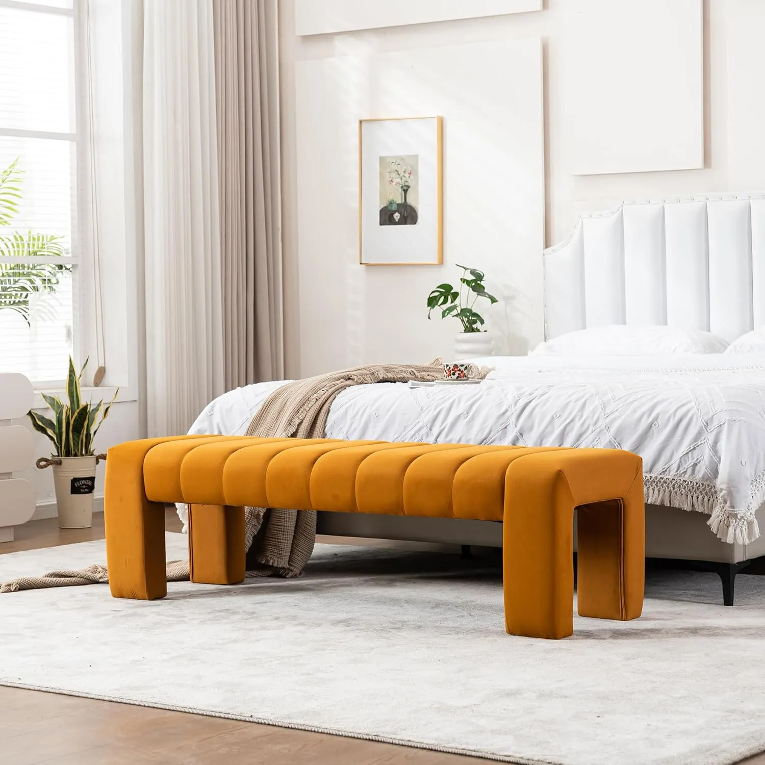 Velvet End of Bed Bench Upholstered Modern 59" Bedroom Bench for King Bed Bench Tufted Window Bench Comfy Long Ottoman for Living Room/Entry/Indoor (Brown, 59" Wide)