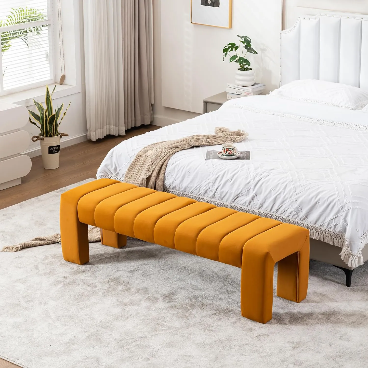 Velvet End of Bed Bench Upholstered Modern 59" Bedroom Bench for King Bed Bench Tufted Window Bench Comfy Long Ottoman for Living Room/Entry/Indoor (Brown, 59" Wide)