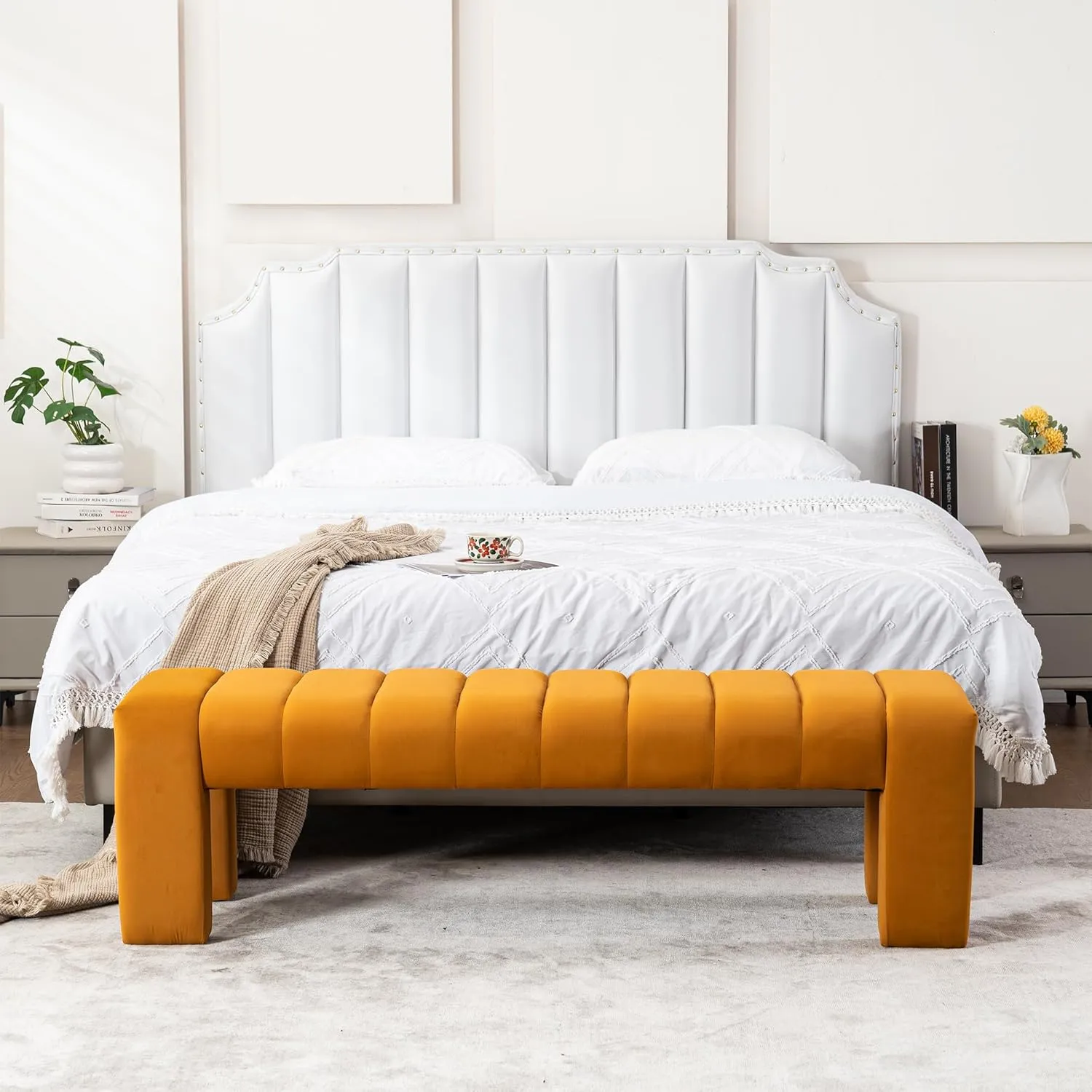 Velvet End of Bed Bench Upholstered Modern 59" Bedroom Bench for King Bed Bench Tufted Window Bench Comfy Long Ottoman for Living Room/Entry/Indoor (Brown, 59" Wide)