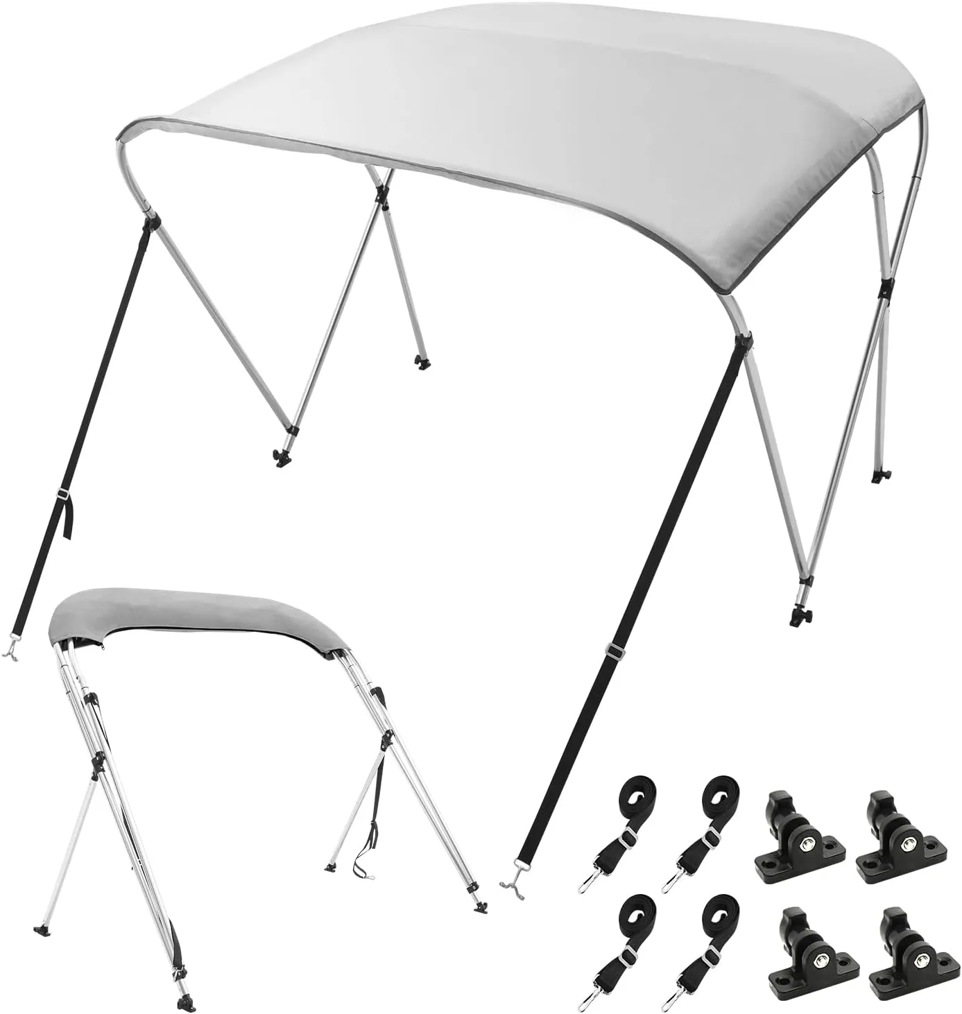 VEVOR 3 Bow Bimini Top Boat Cover, 900D Polyester Canopy with 1" Aluminum Alloy Frame, Waterproof and Sun Shade, Includes Storage Boot, 2 Support Poles, 4 Straps, 6'L x 46" H x 61"-66" W, Light Grey