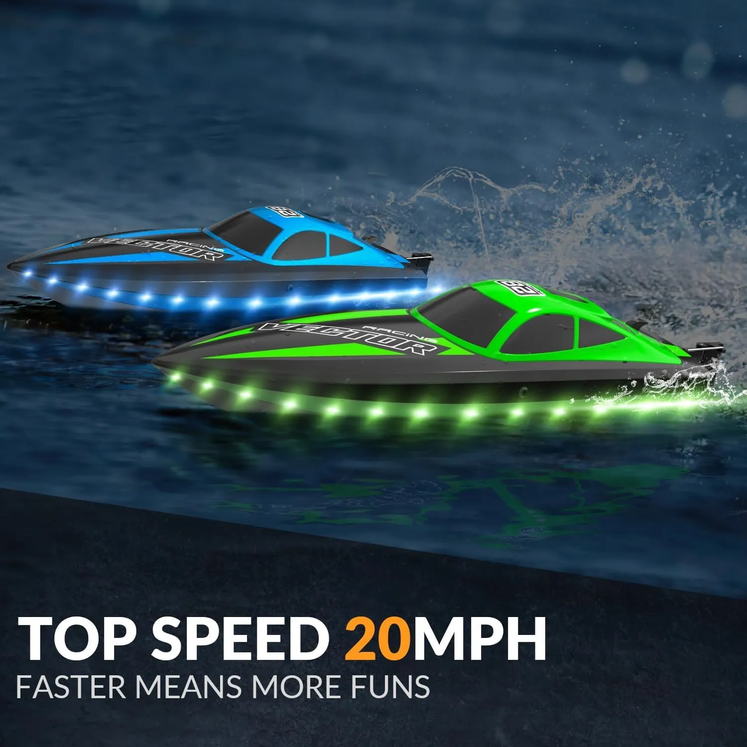 VOLANTEXRC RC Boat 20MPH Fast Remote Control Boat for Adults 2.4Ghz Toy Boats for Pools and Lake with 2 Rechargeable Batteries Toys Gifts for Boys Girls with Light, Green
