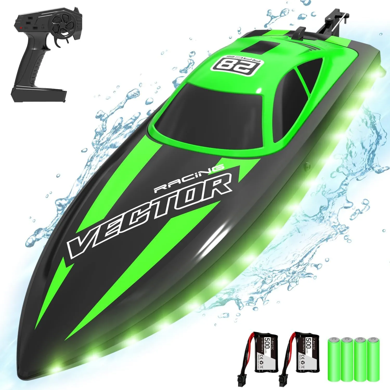 VOLANTEXRC RC Boat 20MPH Fast Remote Control Boat for Adults 2.4Ghz Toy Boats for Pools and Lake with 2 Rechargeable Batteries Toys Gifts for Boys Girls with Light, Green
