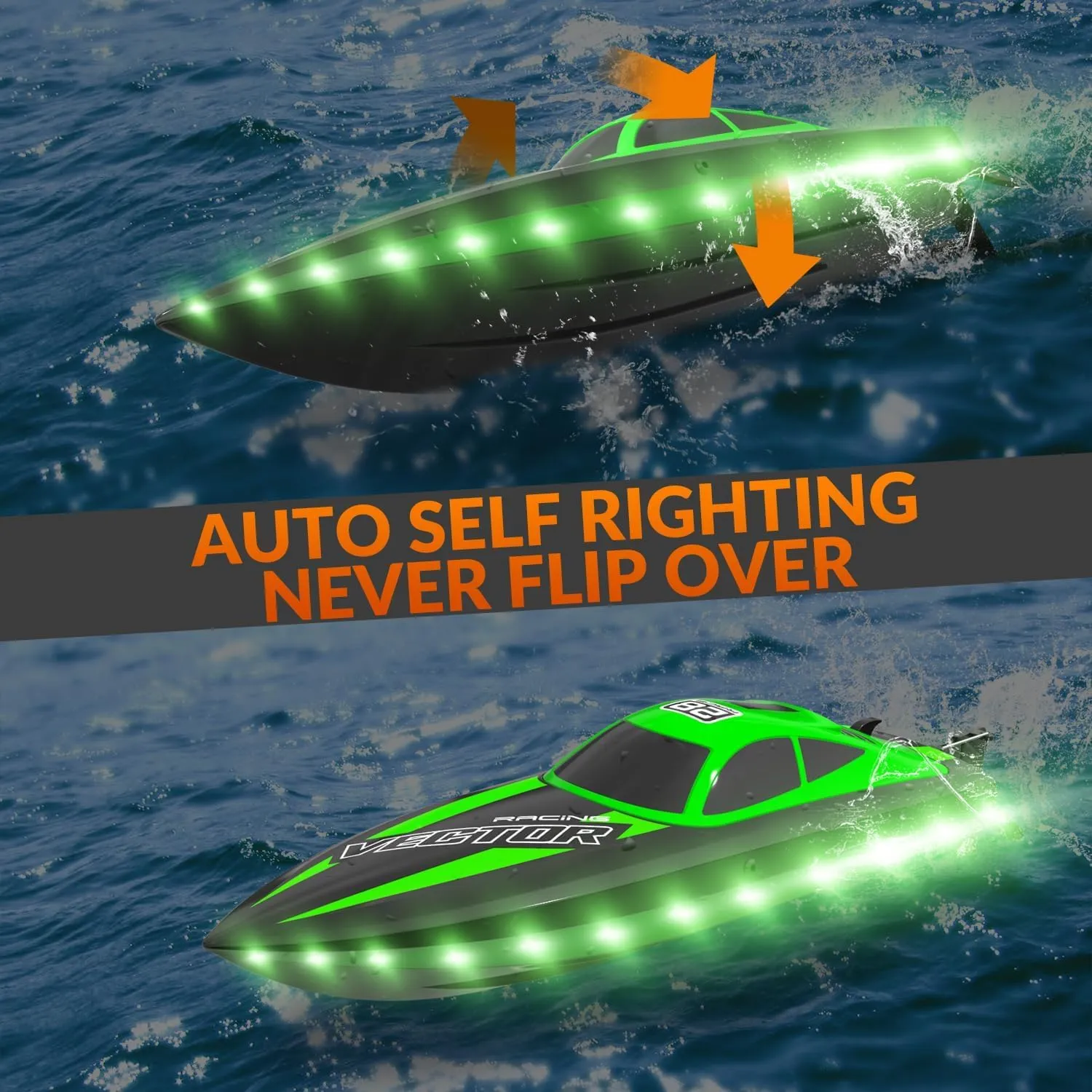 VOLANTEXRC RC Boat 20MPH Fast Remote Control Boat for Adults 2.4Ghz Toy Boats for Pools and Lake with 2 Rechargeable Batteries Toys Gifts for Boys Girls with Light, Green