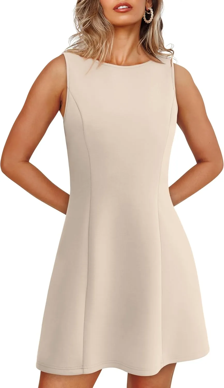WIHOLL Women's Summer A-Line Sleeveless Boat Neck Mini Dress Club Party Little Short Dresses