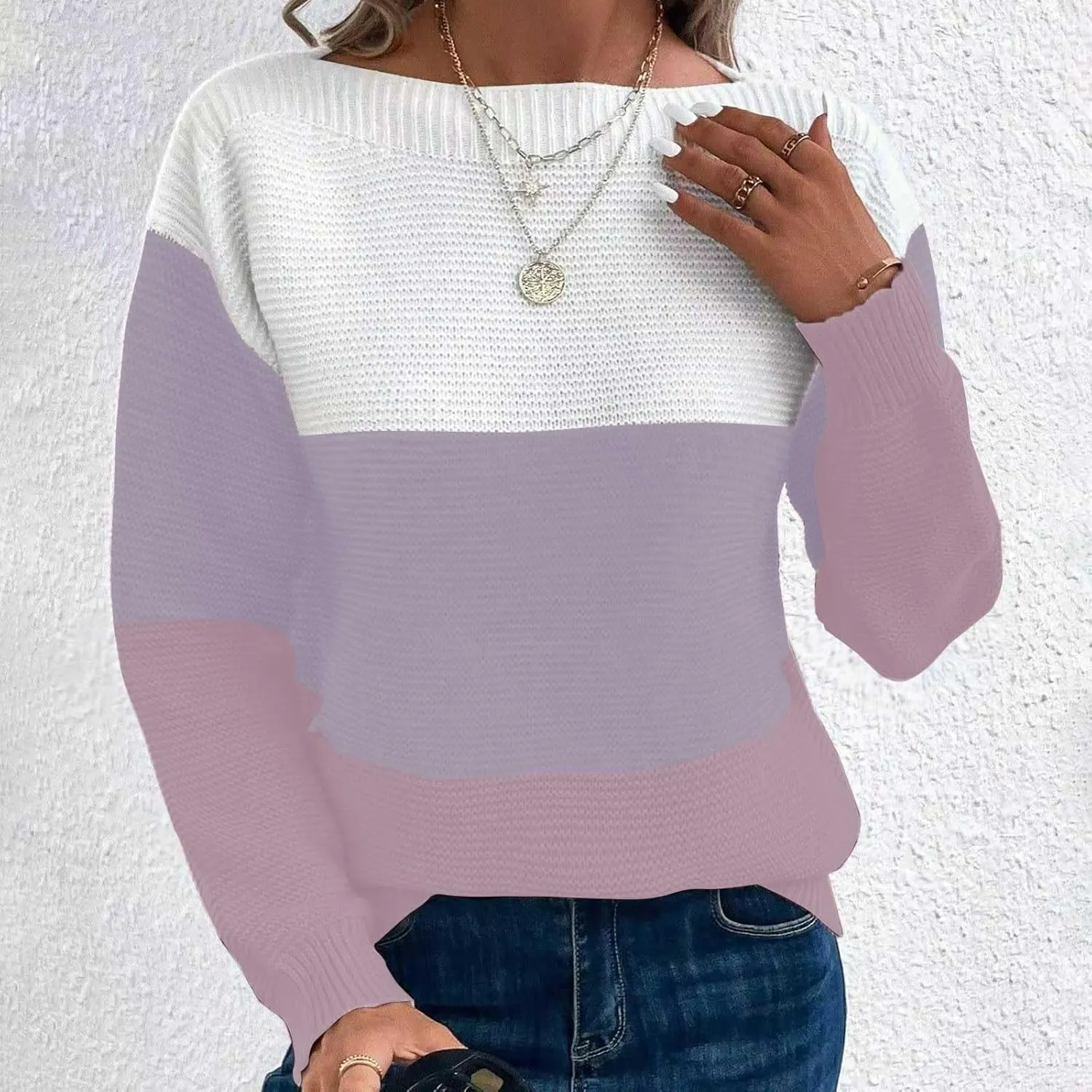 Winter Sweaters for Women 2024 Casual Loose Color Block Pullover Sweater Long Sleeve Boat Neck Knit Jumper Tops