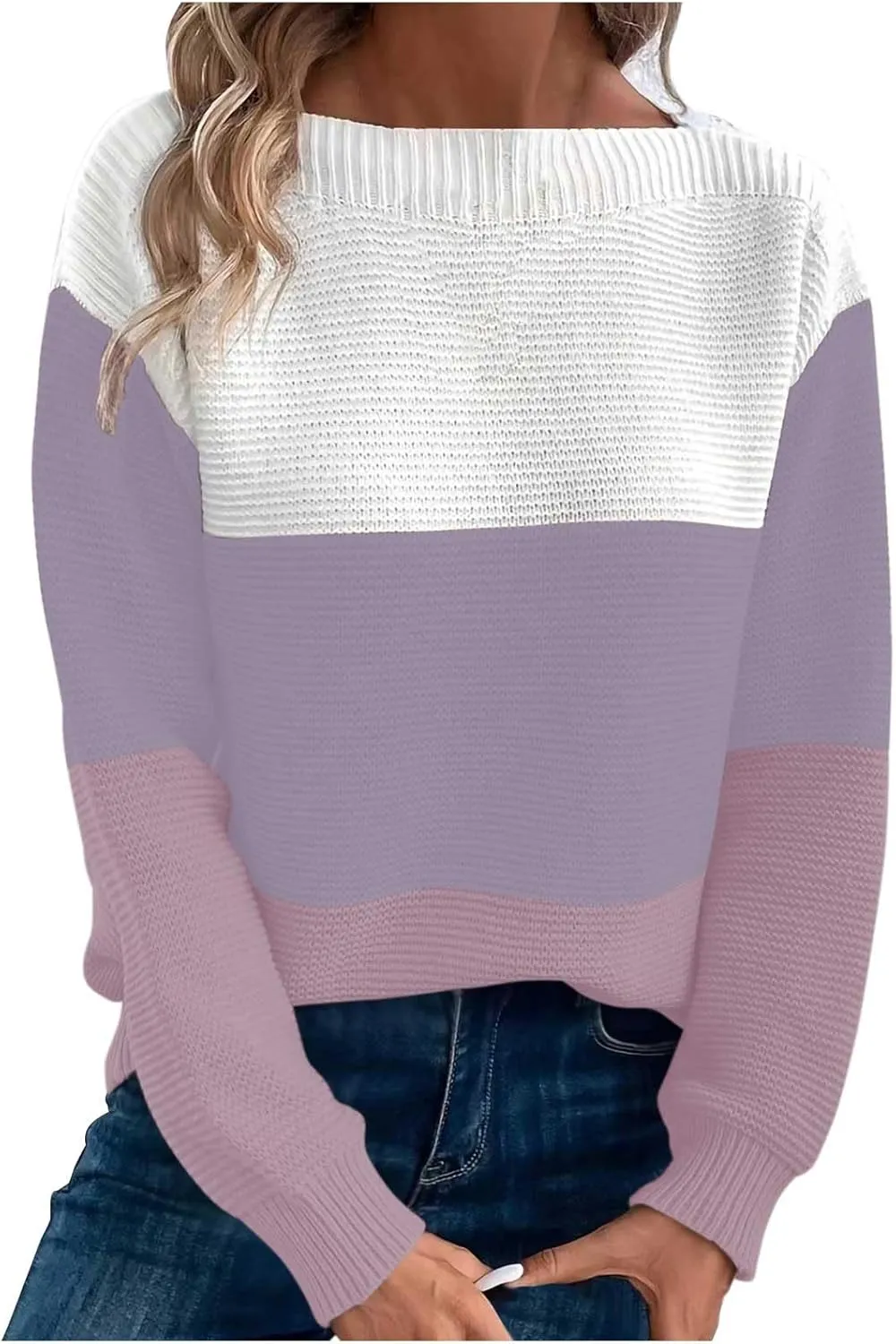 Winter Sweaters for Women 2024 Casual Loose Color Block Pullover Sweater Long Sleeve Boat Neck Knit Jumper Tops