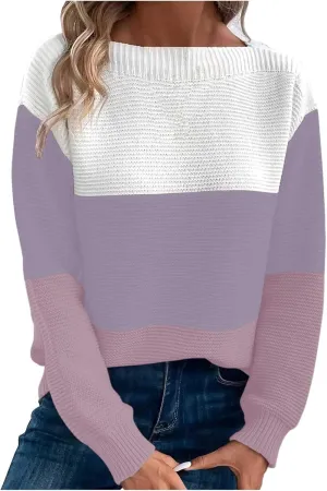 Winter Sweaters for Women 2024 Casual Loose Color Block Pullover Sweater Long Sleeve Boat Neck Knit Jumper Tops