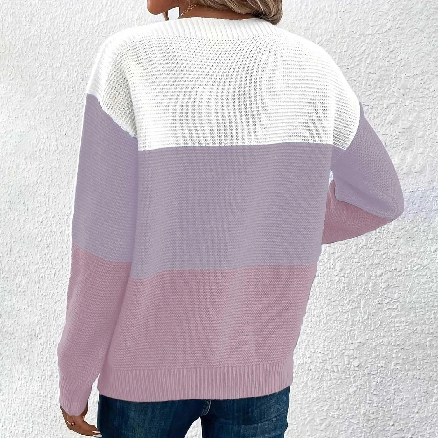 Winter Sweaters for Women 2024 Casual Loose Color Block Pullover Sweater Long Sleeve Boat Neck Knit Jumper Tops