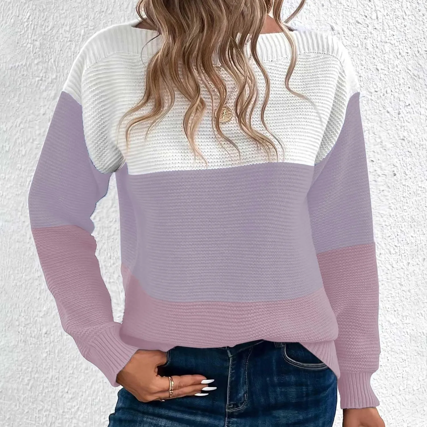Winter Sweaters for Women 2024 Casual Loose Color Block Pullover Sweater Long Sleeve Boat Neck Knit Jumper Tops