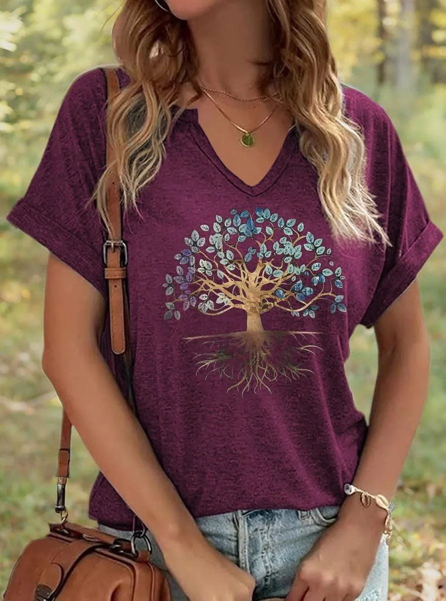 Woffccrd Womens V Neck T-Shirts Vintage Graphic Tees Sun and Moon Short Sleeve Vacation Funny Graphic Tee Tops
