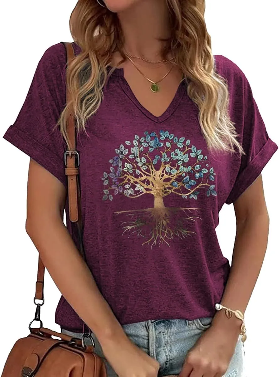 Woffccrd Womens V Neck T-Shirts Vintage Graphic Tees Sun and Moon Short Sleeve Vacation Funny Graphic Tee Tops