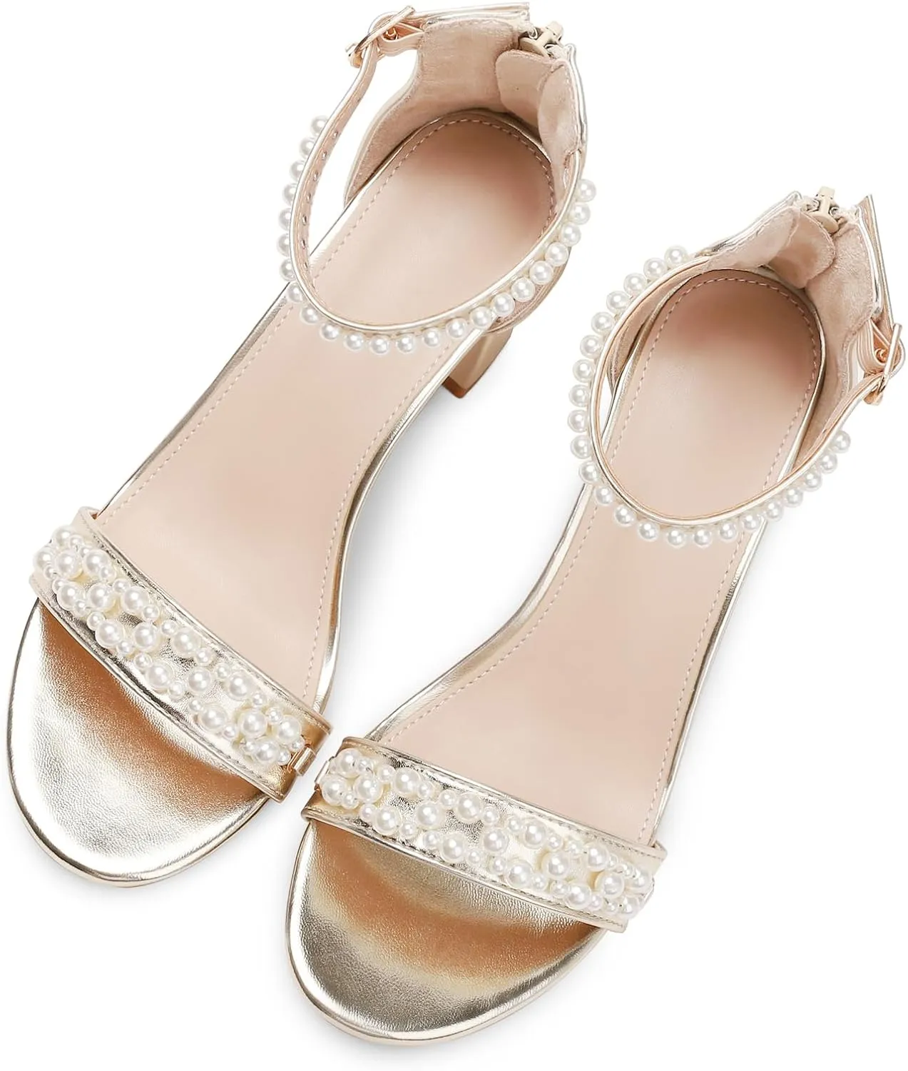 WOJWSKI Women's Heels Sandals for Women Open Toe Fashion Pearls Platform Heeled Sandals Ankle Strap Block Chunky Low Heel Pump Sandal Party Wedding Dress Shoe