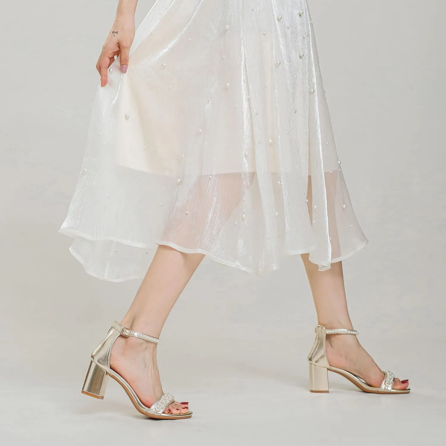WOJWSKI Women's Heels Sandals for Women Open Toe Fashion Pearls Platform Heeled Sandals Ankle Strap Block Chunky Low Heel Pump Sandal Party Wedding Dress Shoe