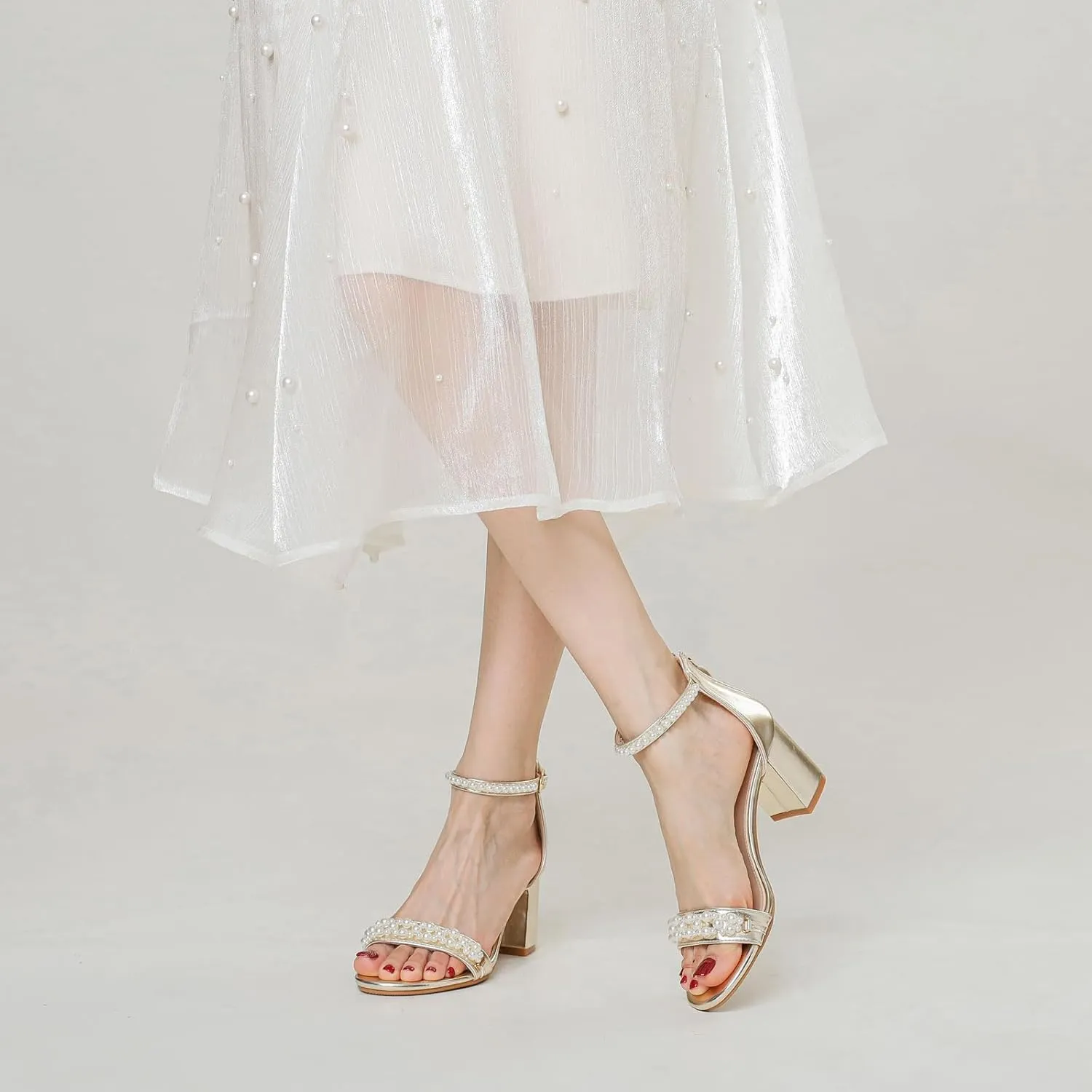 WOJWSKI Women's Heels Sandals for Women Open Toe Fashion Pearls Platform Heeled Sandals Ankle Strap Block Chunky Low Heel Pump Sandal Party Wedding Dress Shoe