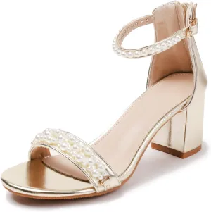 WOJWSKI Women's Heels Sandals for Women Open Toe Fashion Pearls Platform Heeled Sandals Ankle Strap Block Chunky Low Heel Pump Sandal Party Wedding Dress Shoe