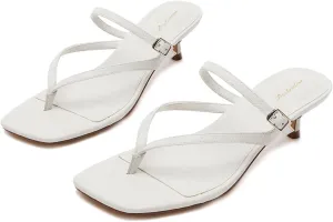 Women Flip-Flops Mules Kitten Heels Square Toe Thong Sandals Buckle Strap Matte Comfy 1 inch Low Heel Slippers T-Straps Open Toe Outdoor Beach Summer Slip On Sandal Heels 4-11 M US