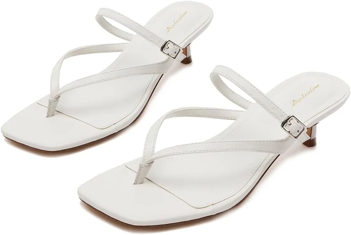 Women Flip-Flops Mules Kitten Heels Square Toe Thong Sandals Buckle Strap Matte Comfy 1 inch Low Heel Slippers T-Straps Open Toe Outdoor Beach Summer Slip On Sandal Heels 4-11 M US