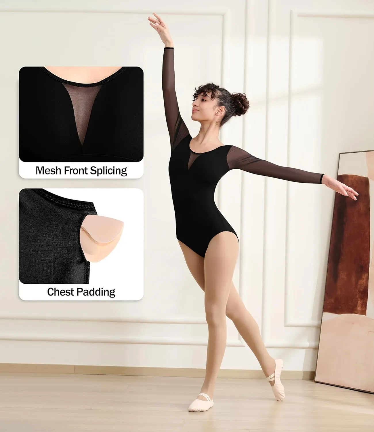 Women Turtleneck Ballet Dance Leotard Adult Black Tank, Gymnastic Dancewear, Chest Padding, Lace Hollow Back