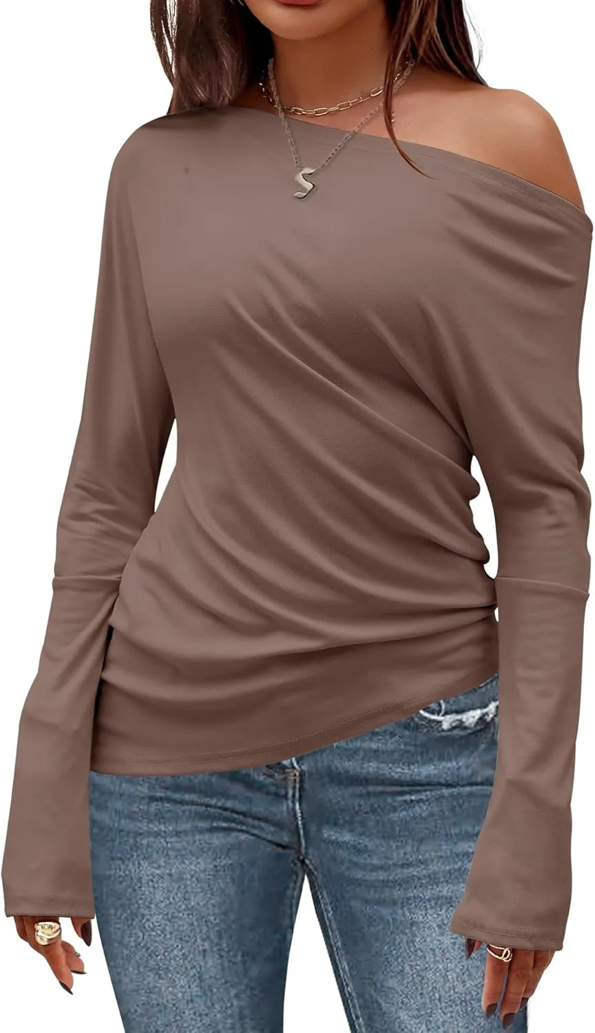 Women's Asymmetrical Long Sleeve Top Off Shoulder Oversized T Shirts 2025 Loose Fit Casual Workout Tee