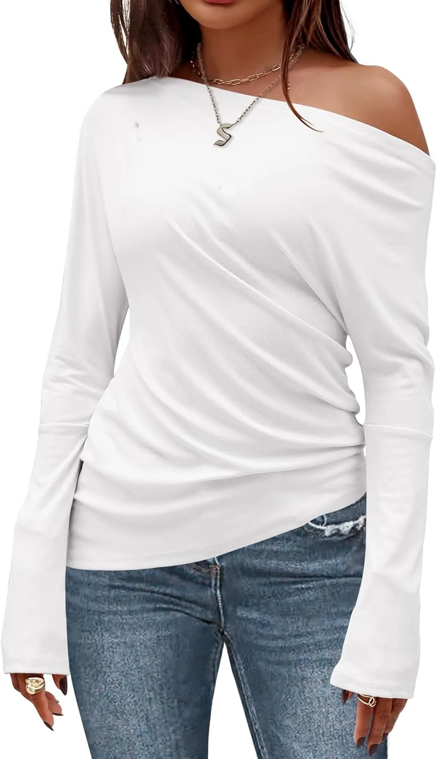 Women's Asymmetrical Long Sleeve Top Off Shoulder Oversized T Shirts 2025 Loose Fit Casual Workout Tee