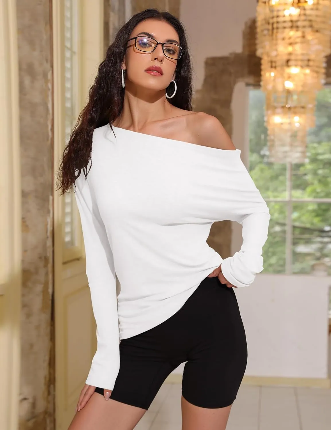 Women's Asymmetrical Long Sleeve Top Off Shoulder Oversized T Shirts 2025 Loose Fit Casual Workout Tee