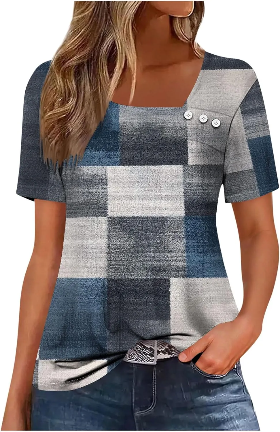 Women's Casual Dressy T-Shirts Button Boat Neck Flowy Short Sleeve Blouse Comfy Gradient Printed Short Sleeve Tops