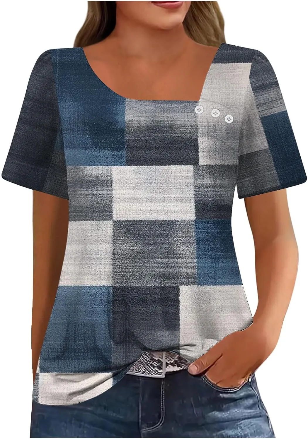 Women's Casual Dressy T-Shirts Button Boat Neck Flowy Short Sleeve Blouse Comfy Gradient Printed Short Sleeve Tops