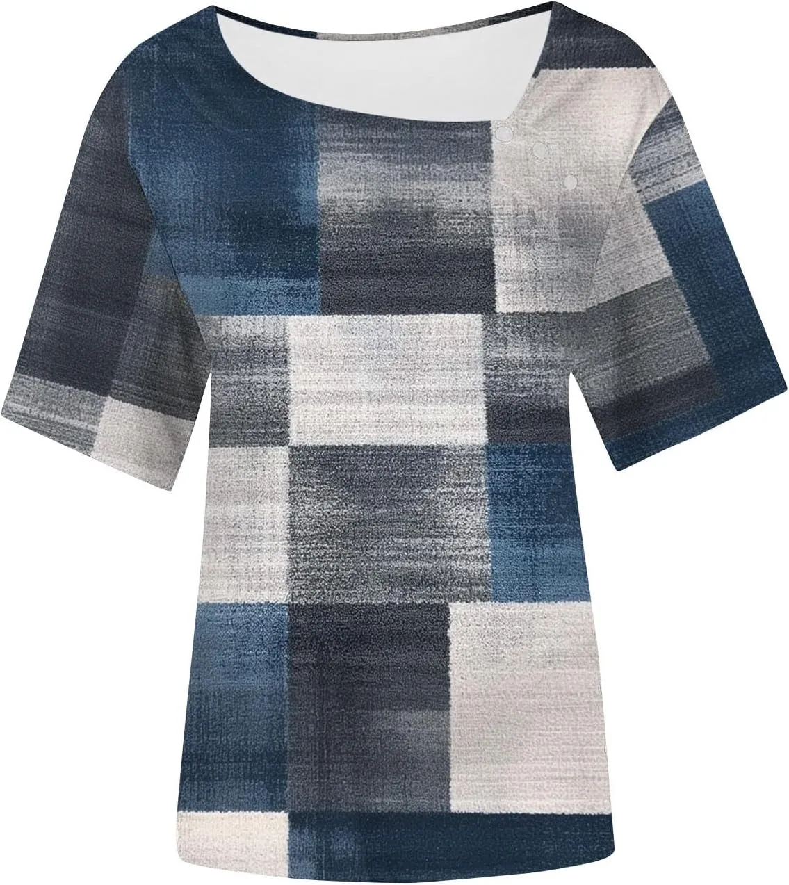 Women's Casual Dressy T-Shirts Button Boat Neck Flowy Short Sleeve Blouse Comfy Gradient Printed Short Sleeve Tops