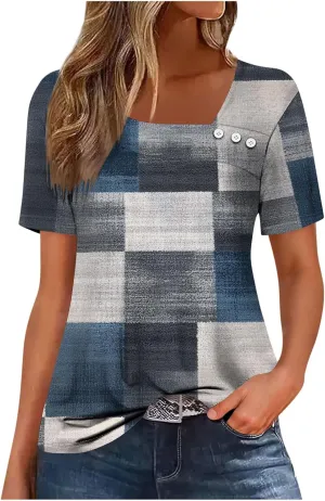 Women's Casual Dressy T-Shirts Button Boat Neck Flowy Short Sleeve Blouse Comfy Gradient Printed Short Sleeve Tops