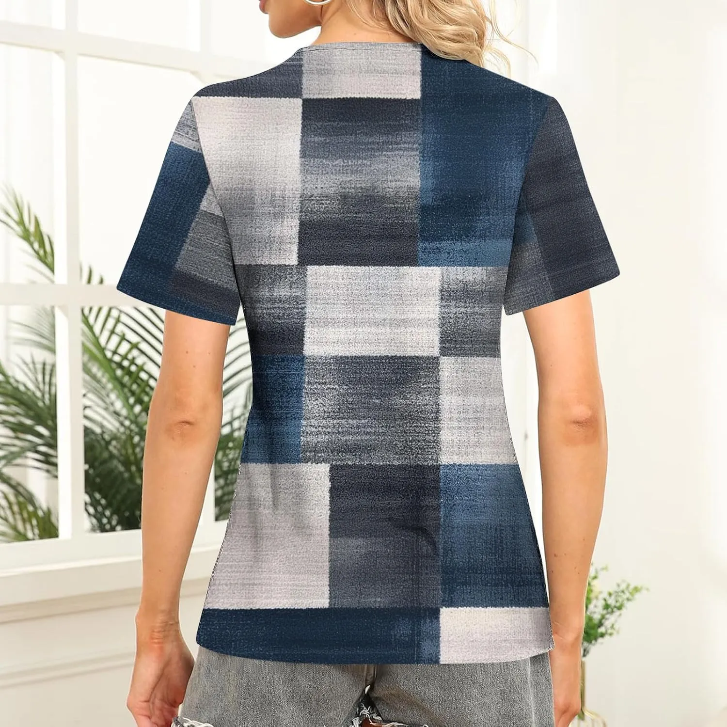 Women's Casual Dressy T-Shirts Button Boat Neck Flowy Short Sleeve Blouse Comfy Gradient Printed Short Sleeve Tops