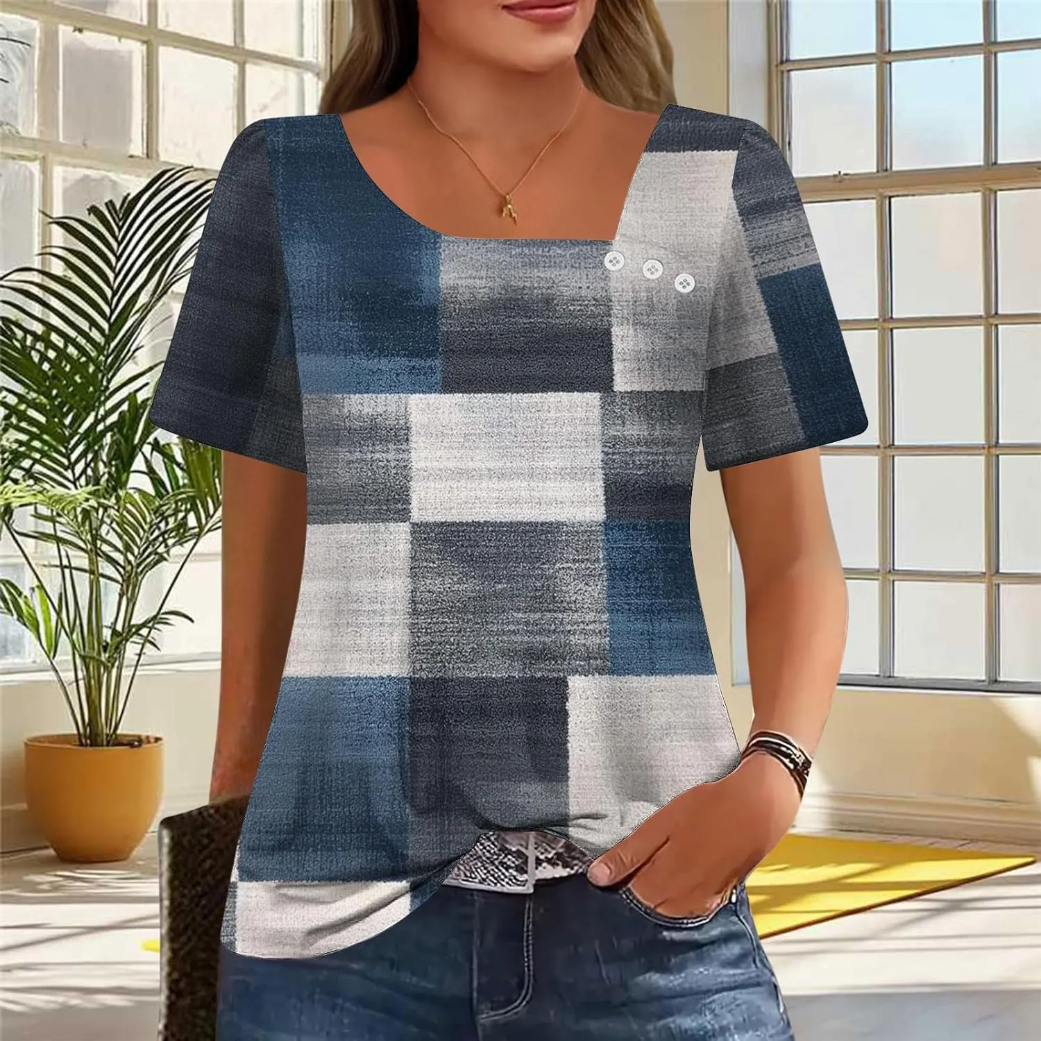Women's Casual Dressy T-Shirts Button Boat Neck Flowy Short Sleeve Blouse Comfy Gradient Printed Short Sleeve Tops